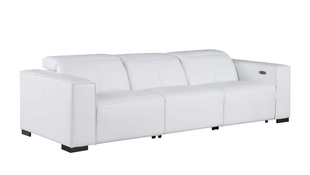 110" Top Grain Leather Power Reclining Sofa with USB Ports (3 Colors) in white upholstery, showcasing modern design and comfort.