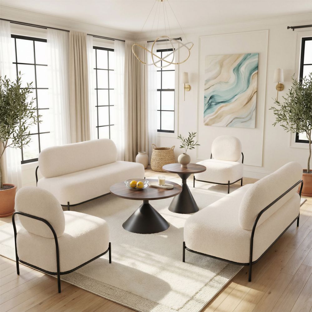 Arendal Teddy Fabric Accent Chair – Armless Sherpa Lounge Chair (Modern, Vanilla, Steel Frame) in a stylish living room setting.