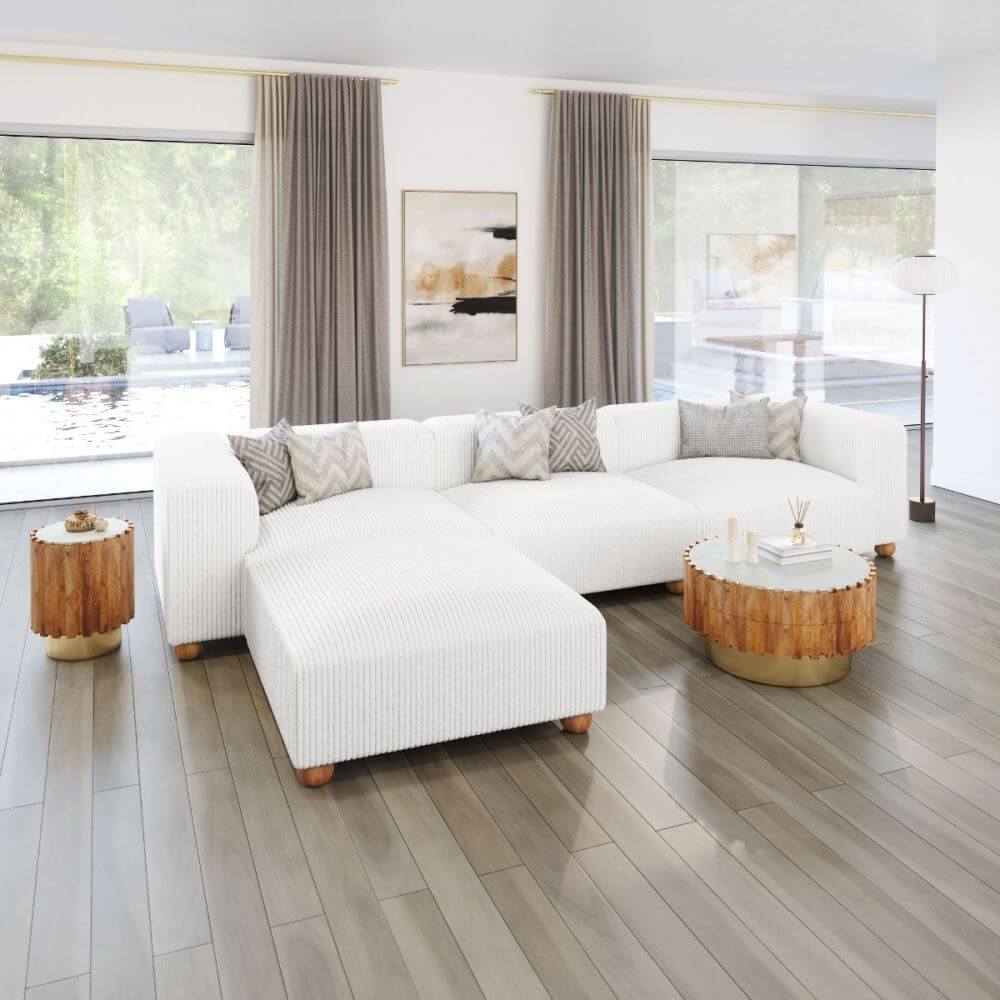 Tayte White Corduroy Modular Sectional Sofa 150" – Deep Seat Oversized Couch in a modern living room setting.