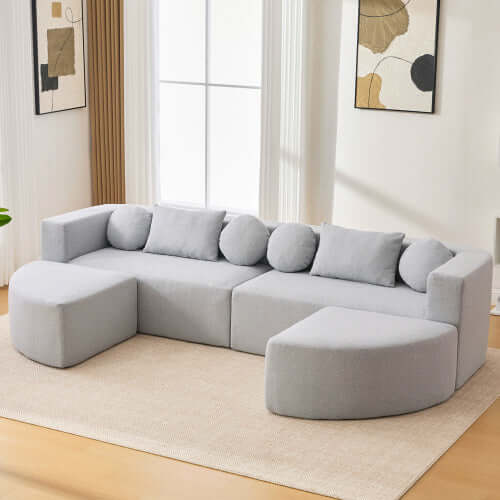Boneless Boucle Modular Sectional Sofa 115” – Deep Seat Curved U-Shaped Foam Couch for 6