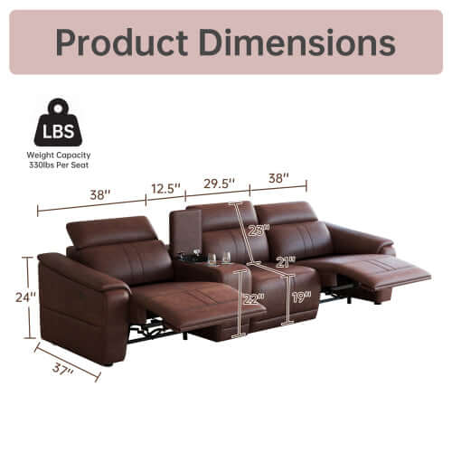 Product dimensions for 118" Modular Leather Recliner Sectional Sofa – 3-seat Power Reclining Sofa with Cup Holders