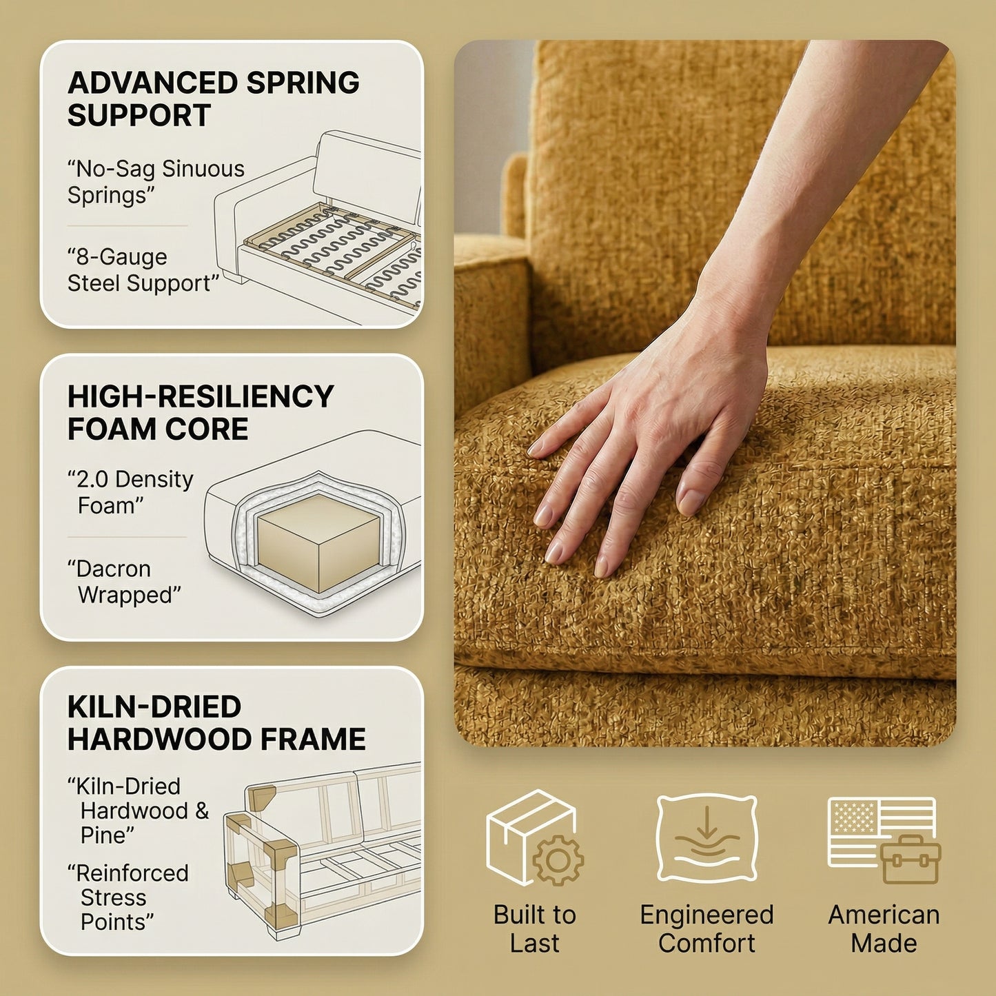 Modena American-Made Sofa – 92" Custom-Fabric 2-Arm Sofa - Yellow Hepburn Chai Tea Fabric (13)