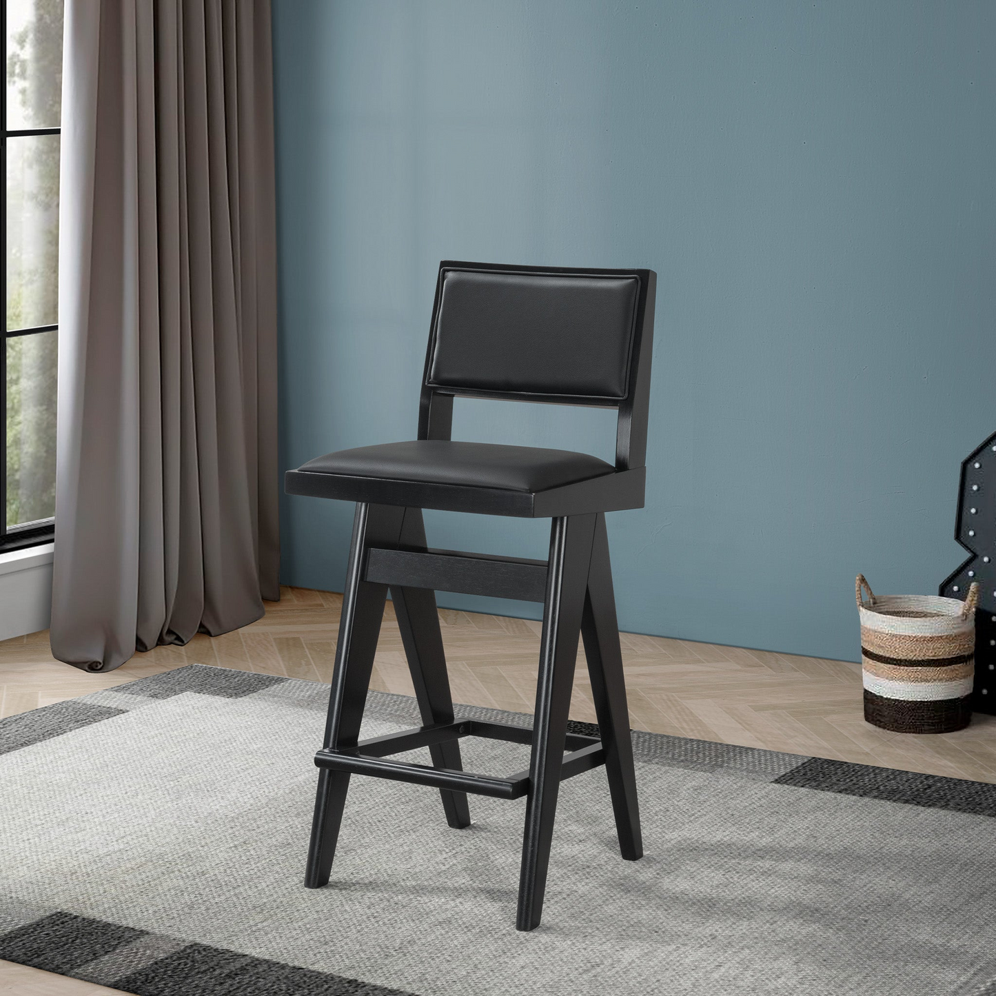 Keira Black PU Leather Bar Stool – 18.1" Mid-Century Modern Bar Stool