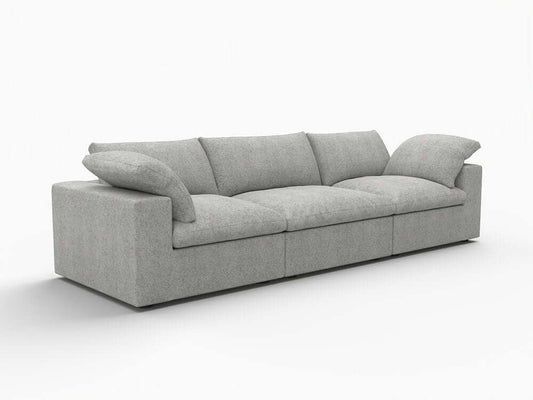 120" Linen Blend Modular Sofa With Toss Pillows | Modern Sectional Couch in light gray fabric.