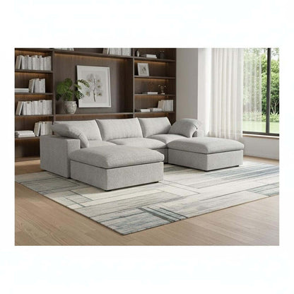 120" Light Gray Linen Blend Modular Universal Sofa With Ottoman And Storage in a modern living room setting.