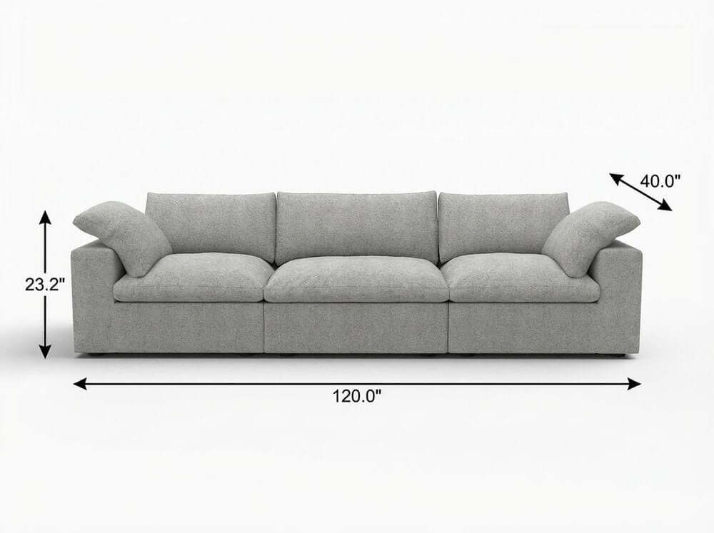 120" Linen Blend Modular Sofa With Toss Pillows | Modern Sectional Couch dimensions front view in light gray fabric