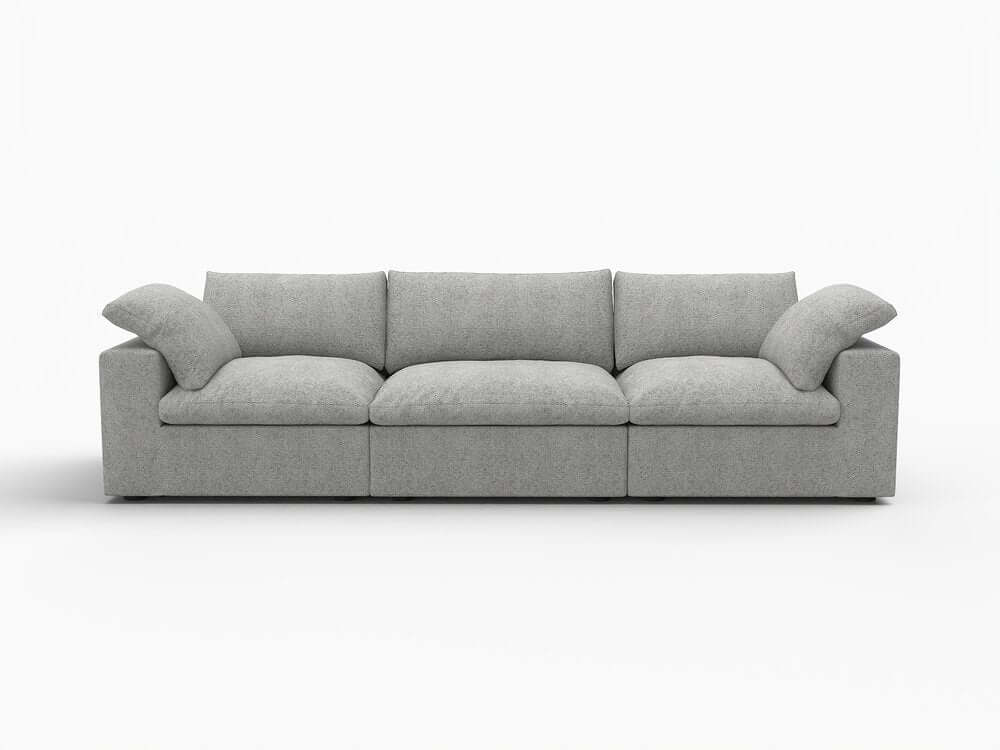 120" Linen Blend Modular Sofa With Toss Pillows | Modern Sectional Couch in light gray fabric.