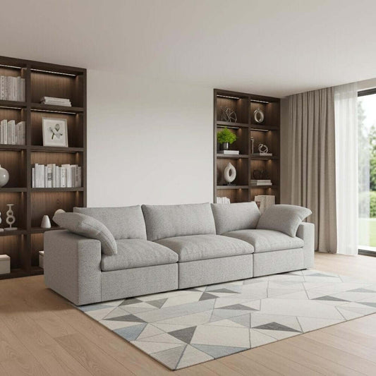 120" Linen Blend Modular Sofa With Toss Pillows | Modern Sectional Couch in a contemporary living room setting.