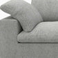120" Linen Blend Modular Sofa With Toss Pillows | Modern Sectional Couch close-up of cushion and upholstery in light gray fabric.