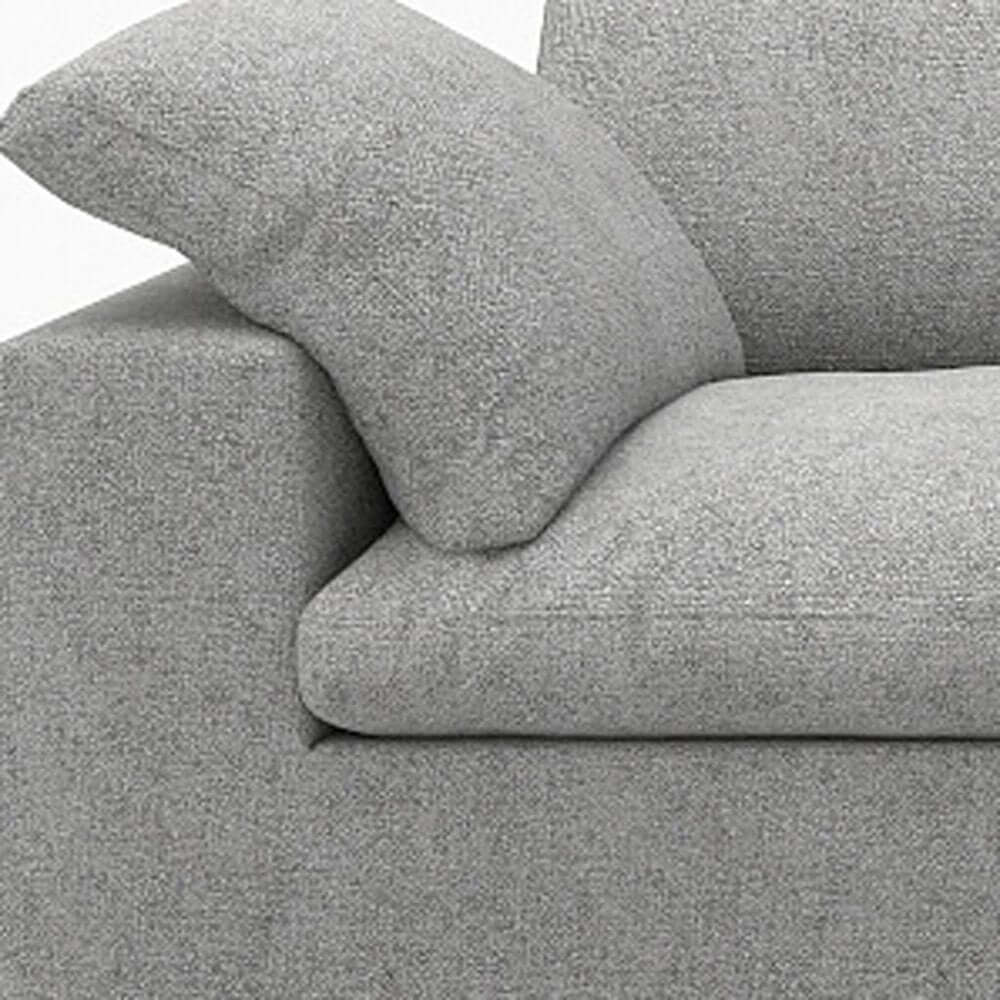 120" Linen Blend Modular Sofa With Toss Pillows | Modern Sectional Couch close-up of cushion and upholstery in light gray fabric.