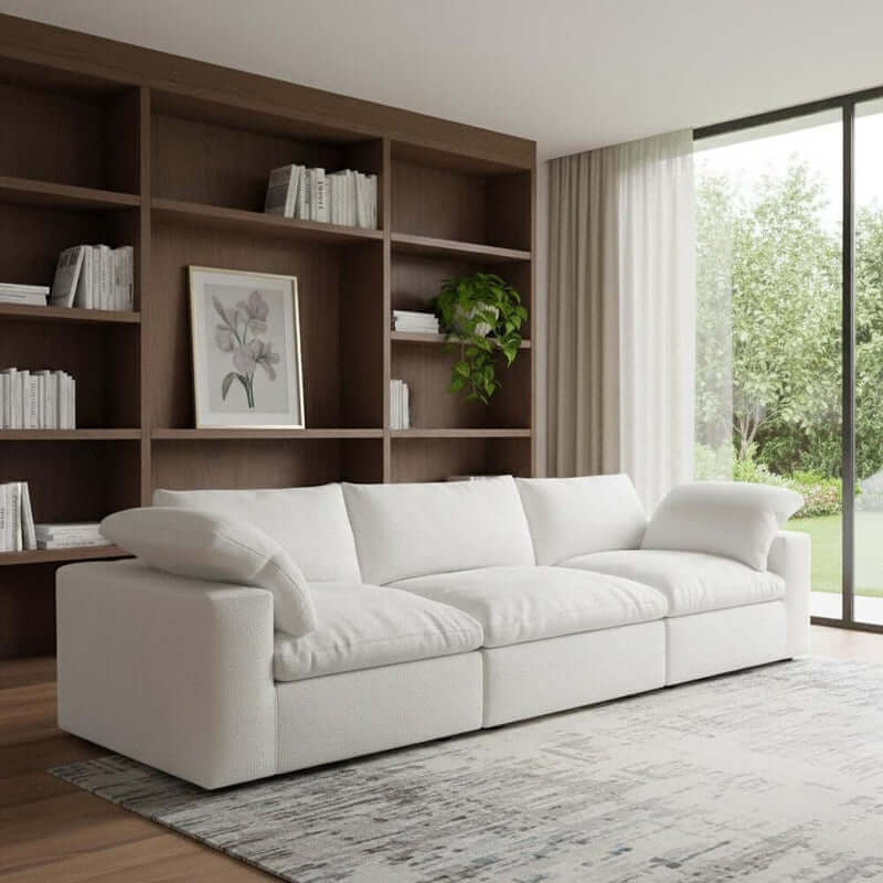 120" Linen Blend Modular Sofa With Toss Pillows | Modern Sectional Couch in a contemporary living room setting.