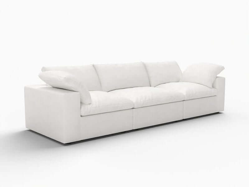 120" Linen Blend Modular Sofa With Toss Pillows | Modern Sectional Couch in soft white fabric