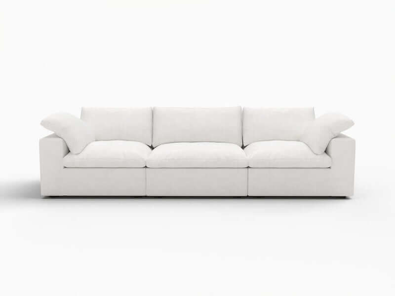 120" Linen Blend Modular Sofa With Toss Pillows | Modern Sectional Couch in light gray fabric with plush cushions.