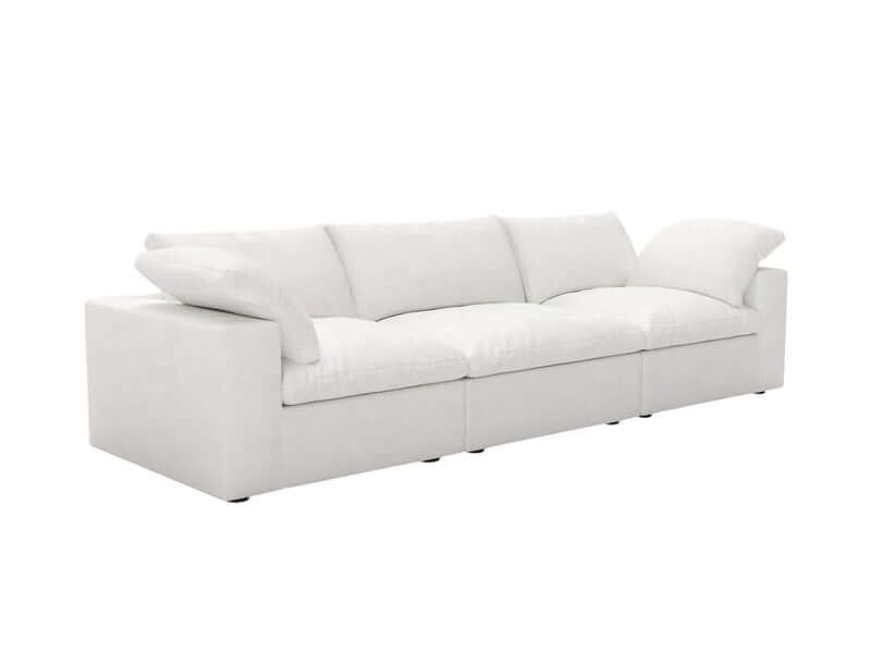 120" Linen Blend Modular Sofa With Toss Pillows | Modern Sectional Couch in soft white fabric.