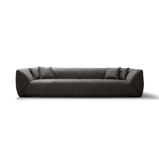 126" Dark Gray Nubuck Leather Sofa with Round Arms & Black Metal Legs, featuring soft nubuck texture and modern design.
