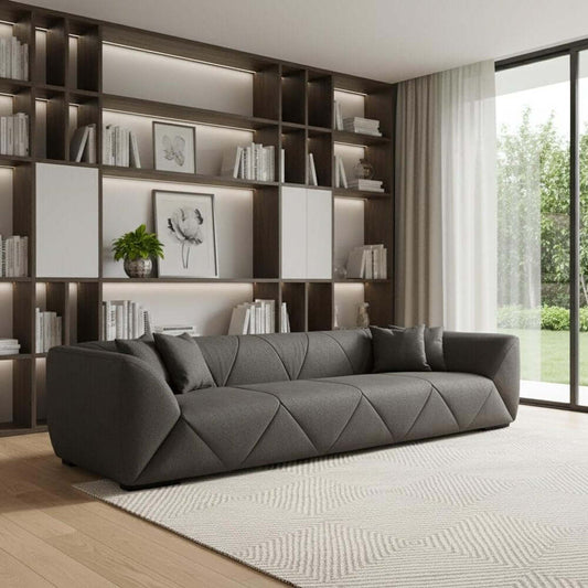 126" Dark Gray Nubuck Leather Sofa with Round Arms & Black Metal Legs in a modern living room setting.
