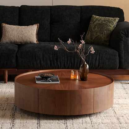 Delmar Walnut Round Coffee Table – 35.4"-39.4" Inlaid-Top Iron-Base Coffee Table