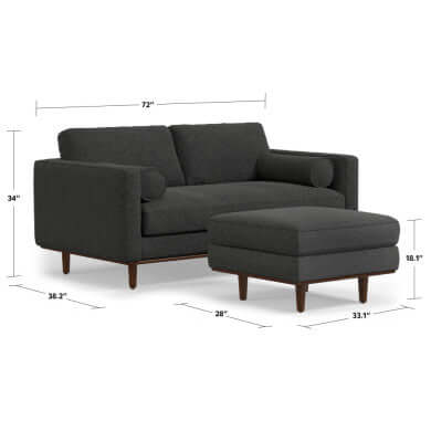 Morrison MCM Fabric Loveseat Sofa 72" – Modern Mid-Century Compact Loveseat (2 Colors) with dimensions shown.