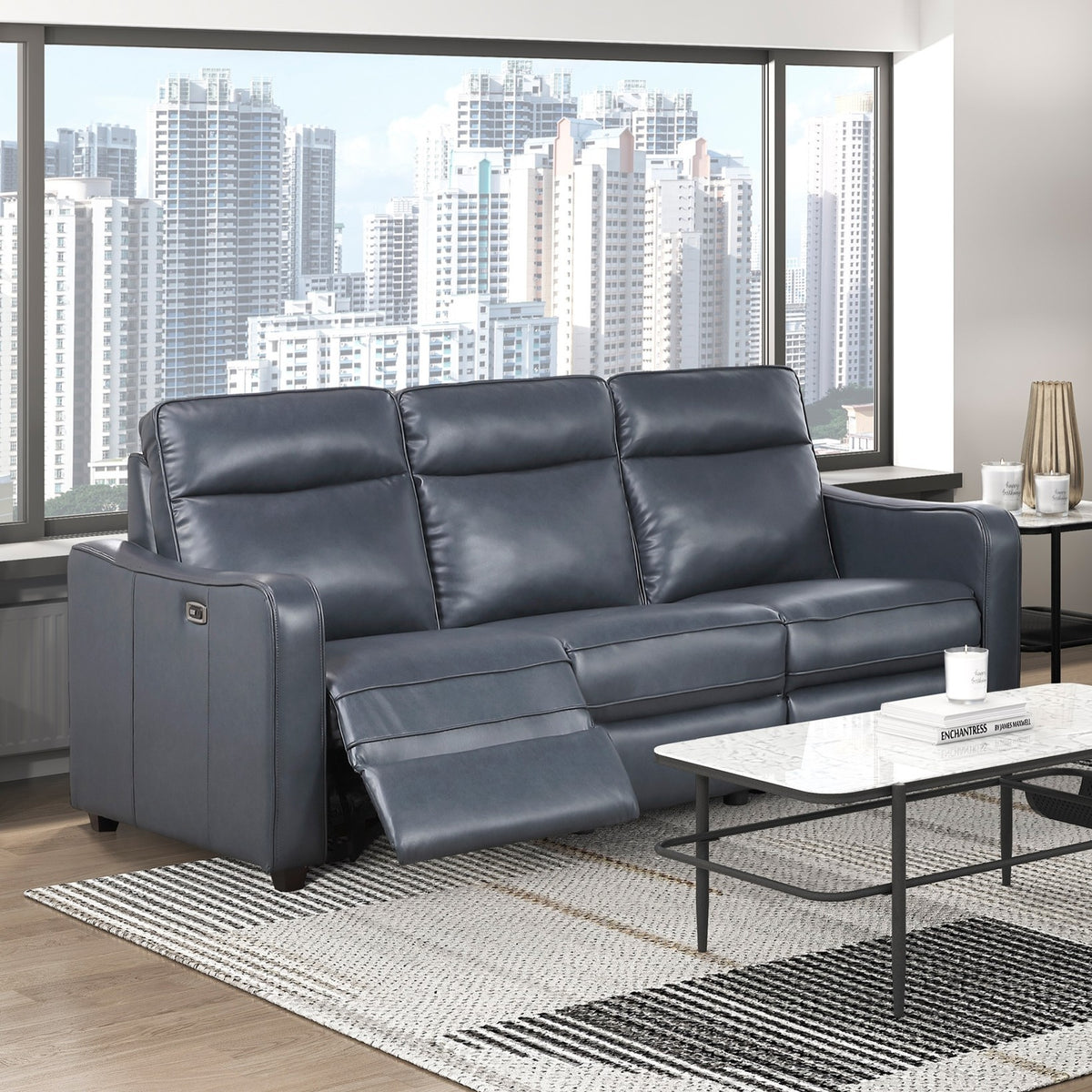 Haddon Navy Faux Leather Power Reclining Sofa