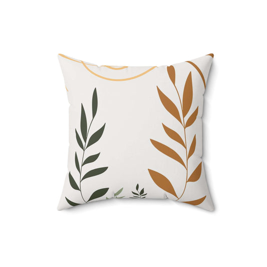 The Printify Spun Polyester Designer Square Accent Pillow - Nature features a white background with minimalist dark green and mustard yellow leaf designs, printed on both sides for a modern botanical touch to personalize your space.