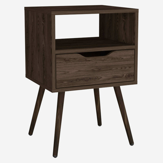 Emma MCM Nightstand - 1 Open Shelf & 1 Drawer, Dark Walnut - Revel Sofa