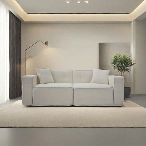 Modern low profile box arm memory foam sofa, stylish and comfortable, perfect for contemporary living rooms.