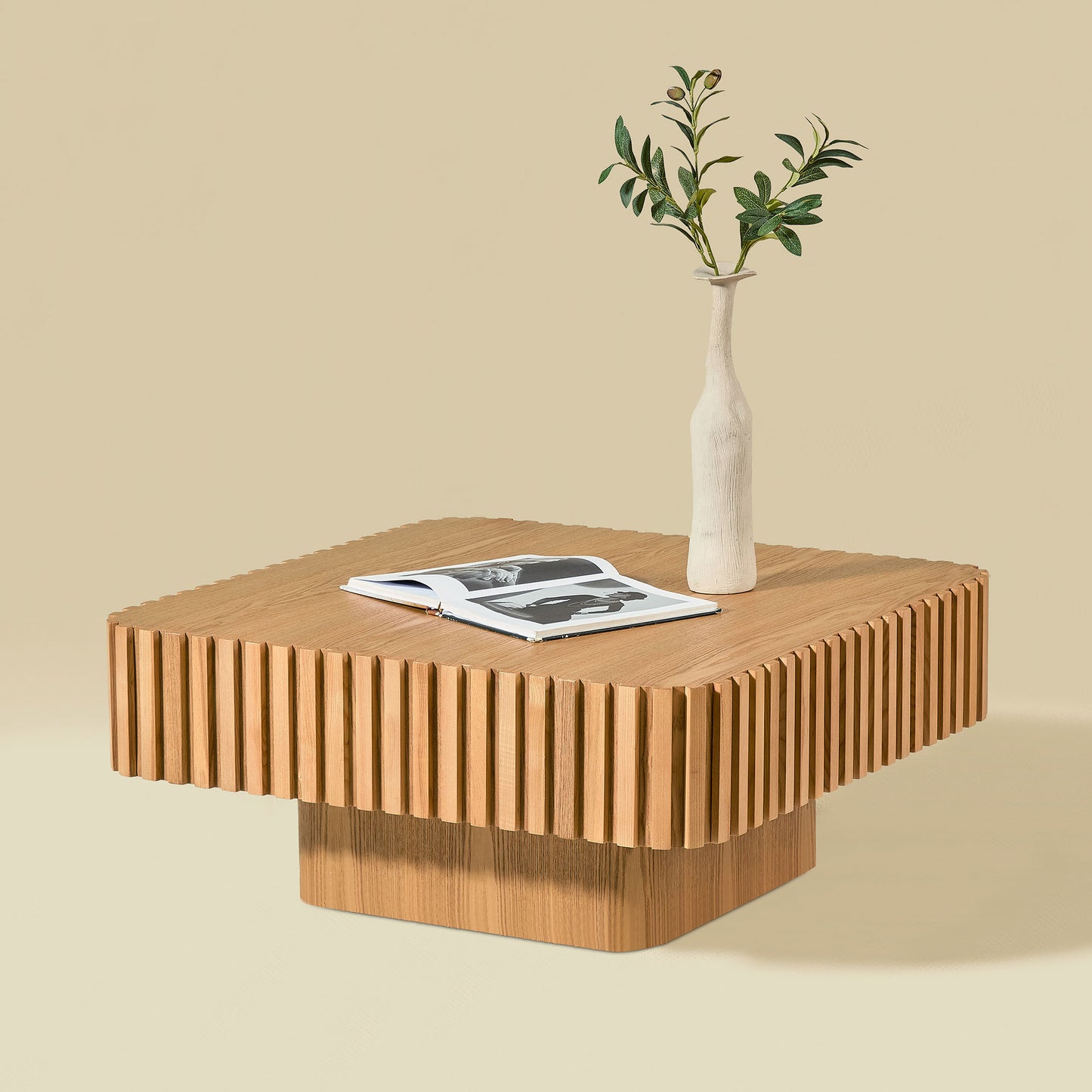 Victor Natural Wood Veneer Square Drum Coffee Table – 35.4" Pedestal Coffee Table