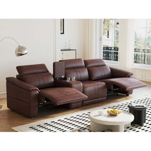 118" Modular Leather Recliner Sectional Sofa – 3-seat Power Reclining Sofa with Cup Holders in a stylish living room setting.
