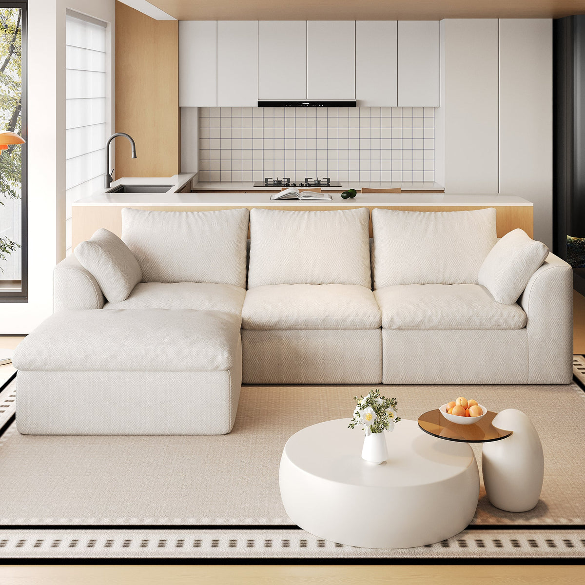 Pelham Cloud Modular Sectional in White, 108.3" L-Shape, Single Chaise