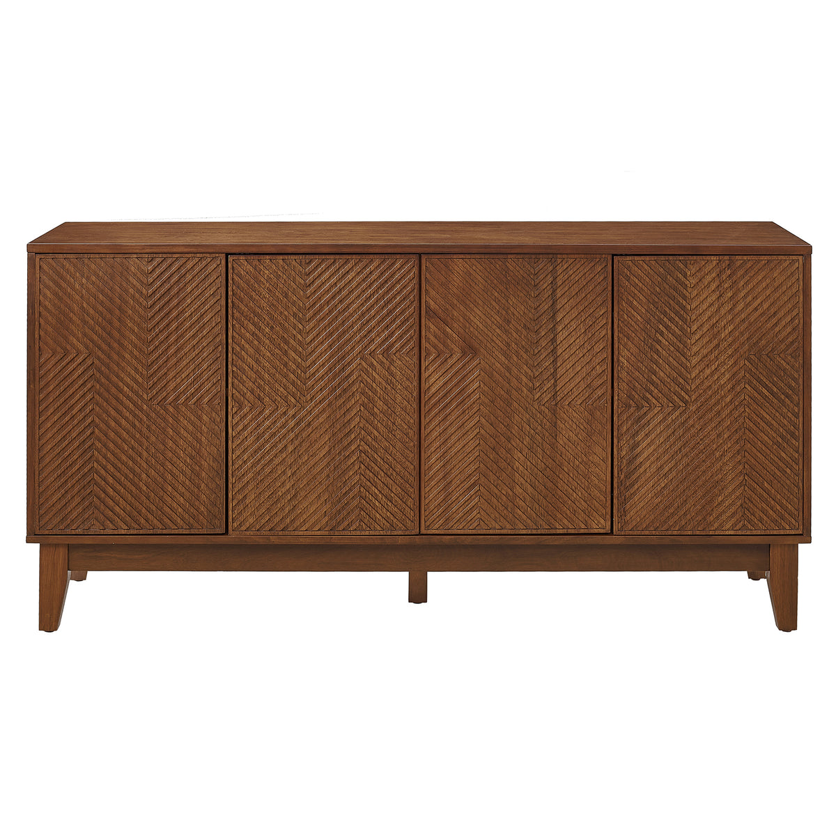 Mid Century Modern 56" Wood TV Stand with Carved Geometric Doors, Walnut Storage Cabinet