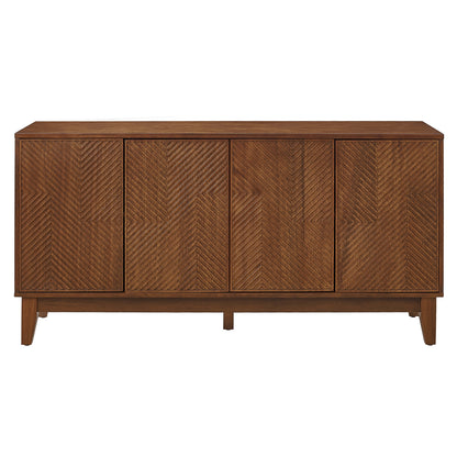 Mid Century Modern 56" Wood TV Stand with Carved Geometric Doors, Walnut Storage Cabinet