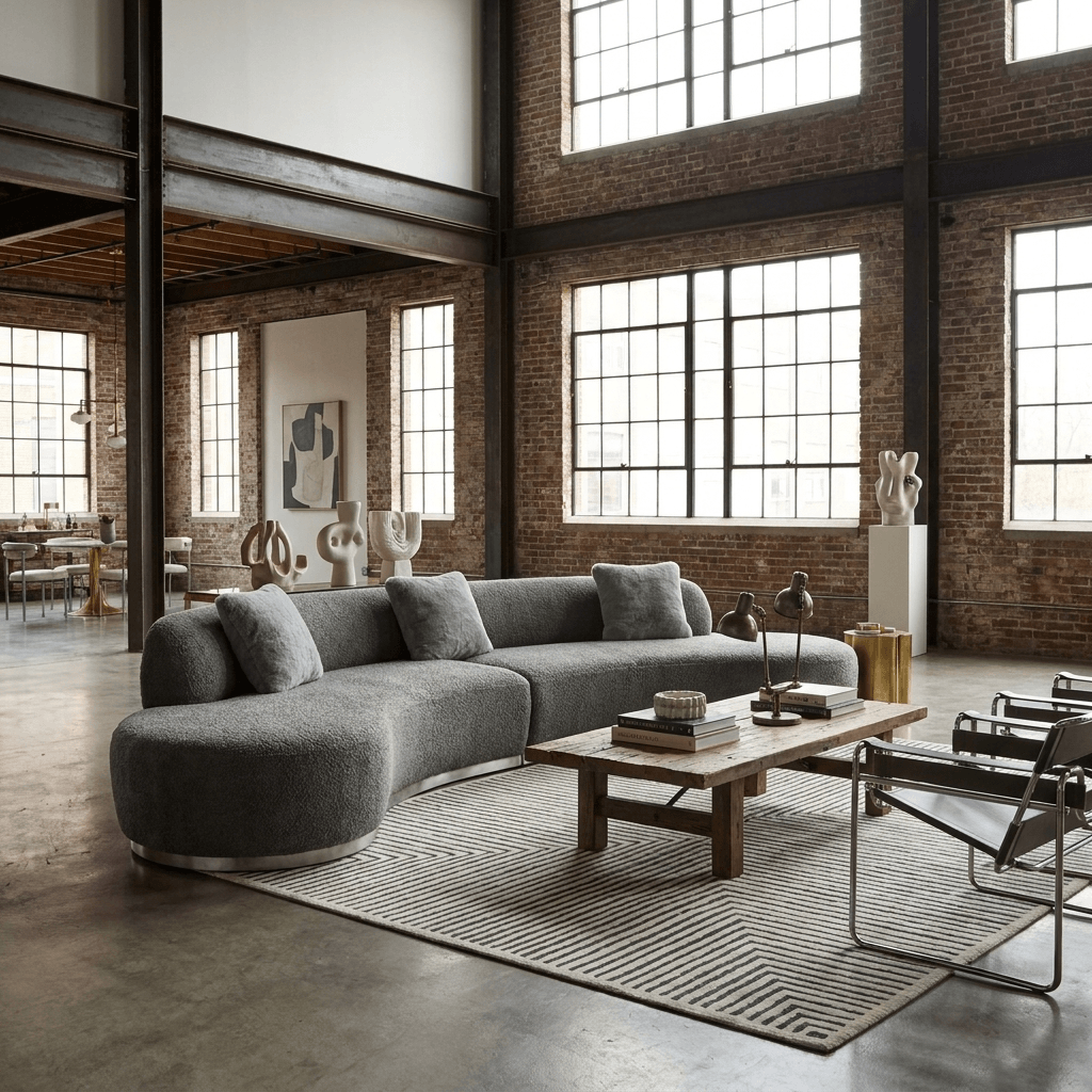 150" Dark Gray Boucle Curved Sofa with Toss Pillows – Modern Armless Design in a stylish modern living room.