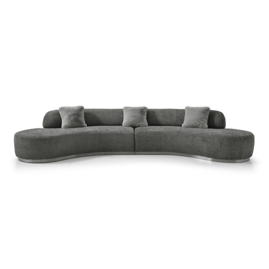 150" Dark Gray Boucle Curved Sofa with Toss Pillows – Modern Armless Design in plush boucle fabric.