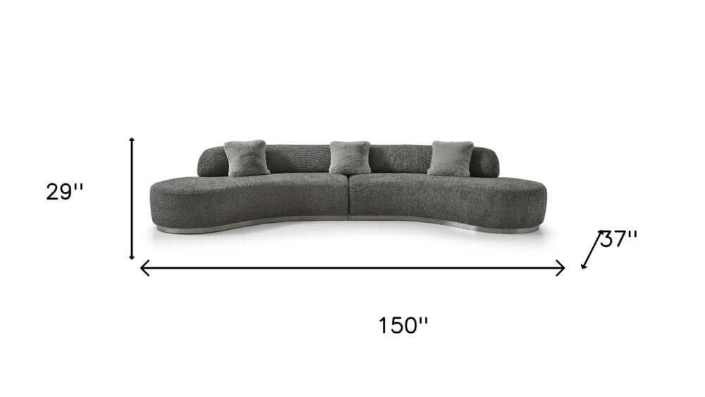 150" Dark Gray Boucle Curved Sofa with Toss Pillows – Modern Armless Design dimensions of 29" height, 150" width, 37" depth.