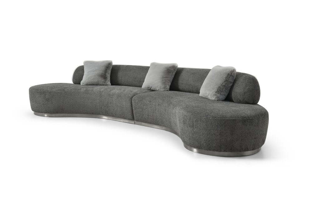 150" Dark Gray Boucle Curved Sofa with Toss Pillows – Modern Armless Design in plush boucle fabric, elegant and sophisticated.