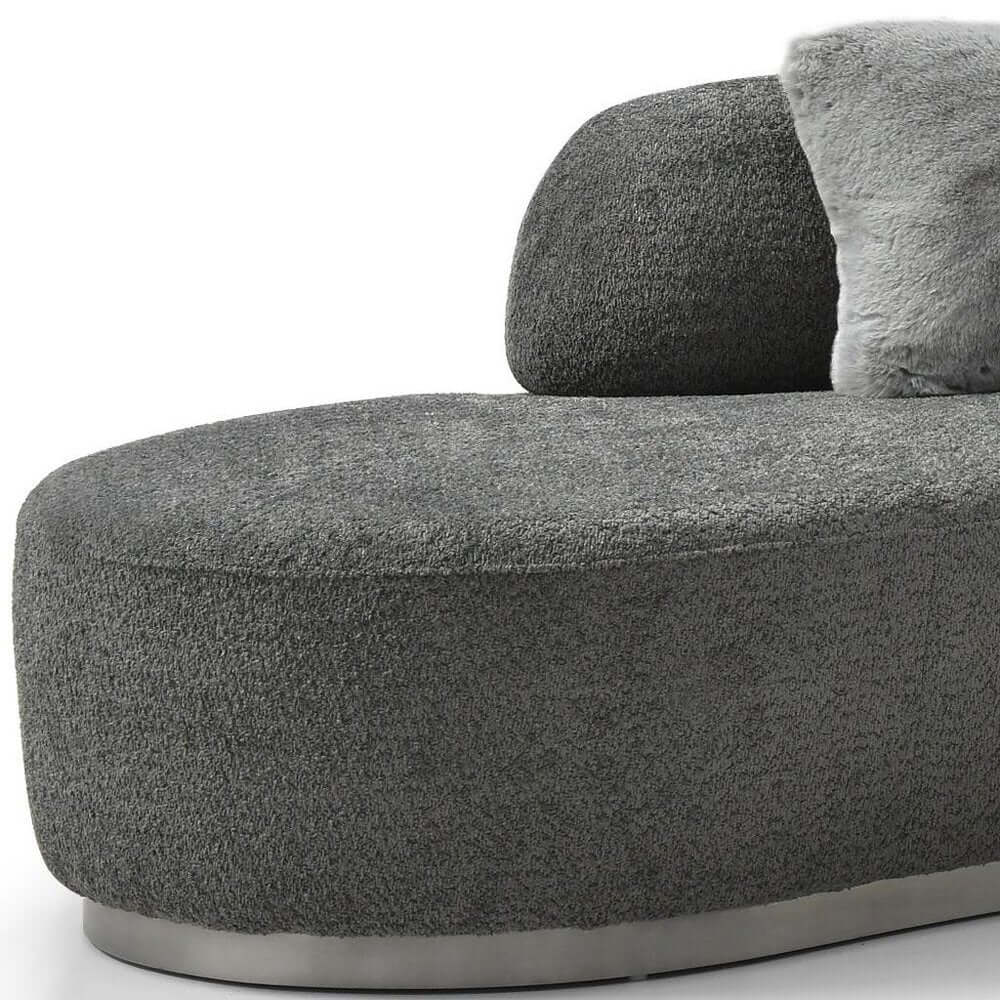 150" Dark Gray Boucle Curved Sofa with Toss Pillows – Modern Armless Design close-up with soft boucle upholstery.