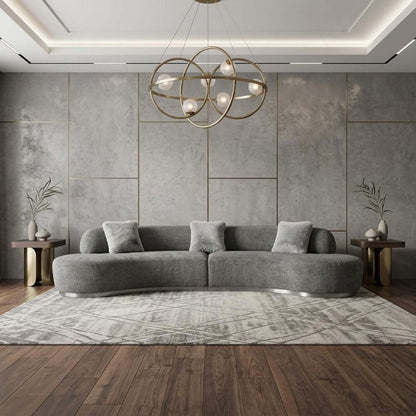 150" Dark Gray Boucle Curved Sofa with Toss Pillows – Modern Armless Design in a contemporary living room.