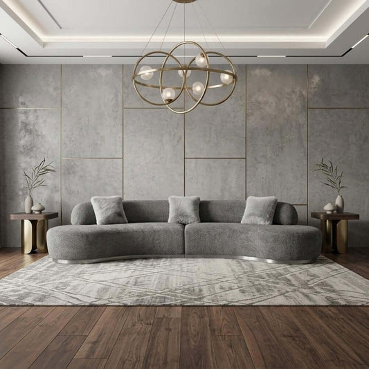 150" Dark Gray Boucle Curved Sofa with Toss Pillows – Modern Armless Design in a contemporary living room.