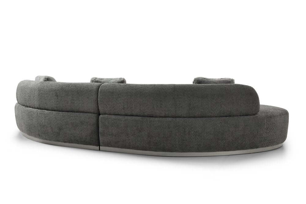 150" Dark Gray Boucle Curved Sofa with Toss Pillows – Modern Armless Design in soft textured upholstery.