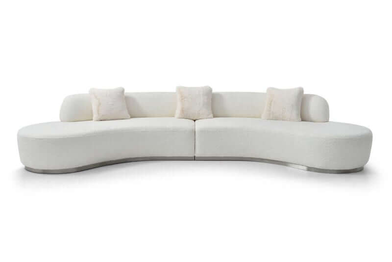 150" Boucle Curved Sofa with Toss Pillows – Modern Armless Design in soft textured upholstery.