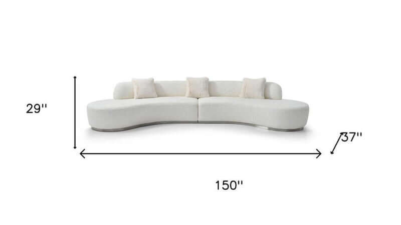 150" Boucle Curved Sofa with Toss Pillows – Modern Armless Design dimensions showing a plush white curved sofa.