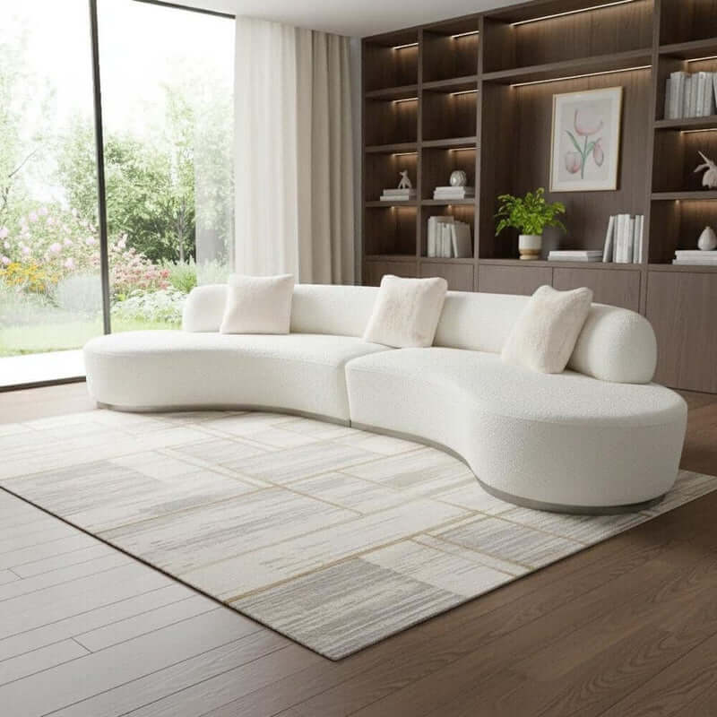 150" Boucle Curved Sofa with Toss Pillows – Modern Armless Design in a bright living room setting.