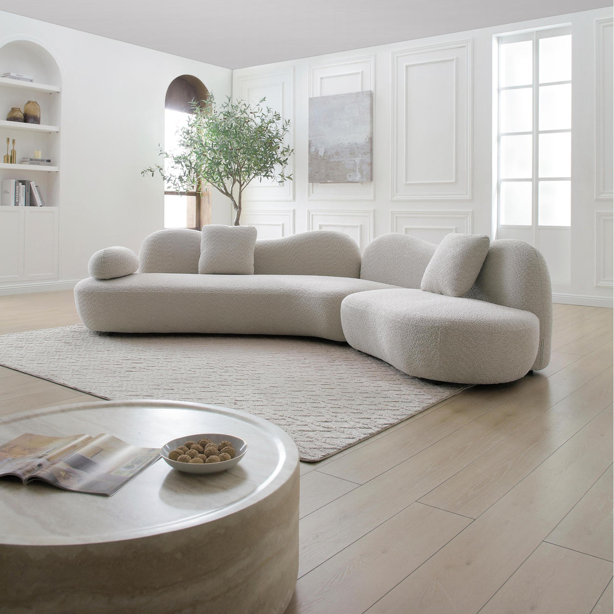 Meryl Curved Boucle Sofa in Beige, 5-Seat Crescent Sofa
