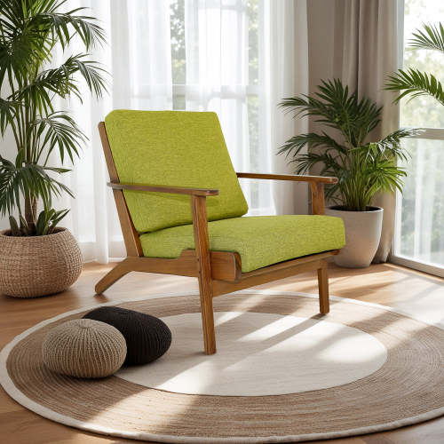 Connor Solid Wood Linen Armchair – Mid-Century Modern Lounge Chair (4 Colors) in vibrant green, featuring a durable teak wood frame.