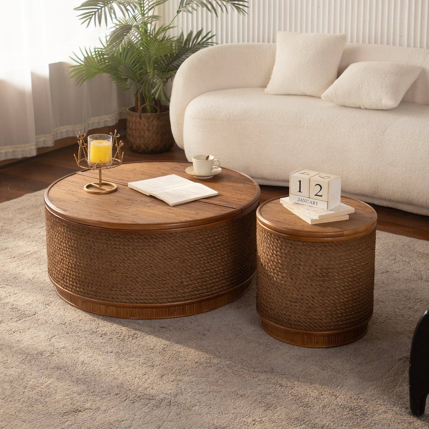 Moray Round Rattan Coffee Table with Lift-Off Storage – Boho-Chic, Small & Large - Large (12)