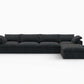 160" Black Linen Blend Modular Right Sofa With Ottoman And Toss Pillows in stylish black fabric.