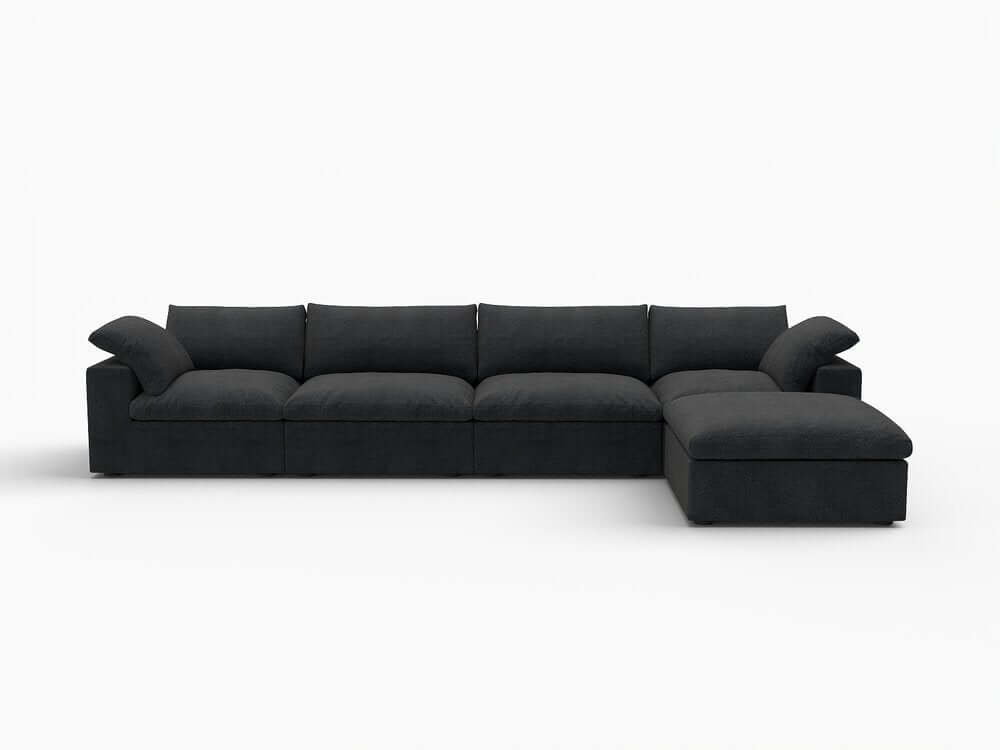 160" Black Linen Blend Modular Right Sofa With Ottoman And Toss Pillows in stylish black fabric.