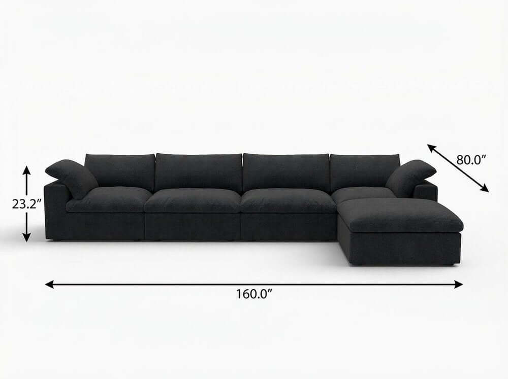 160" Black Linen Blend Modular Right Sofa With Ottoman And Toss Pillows dimensions and design.