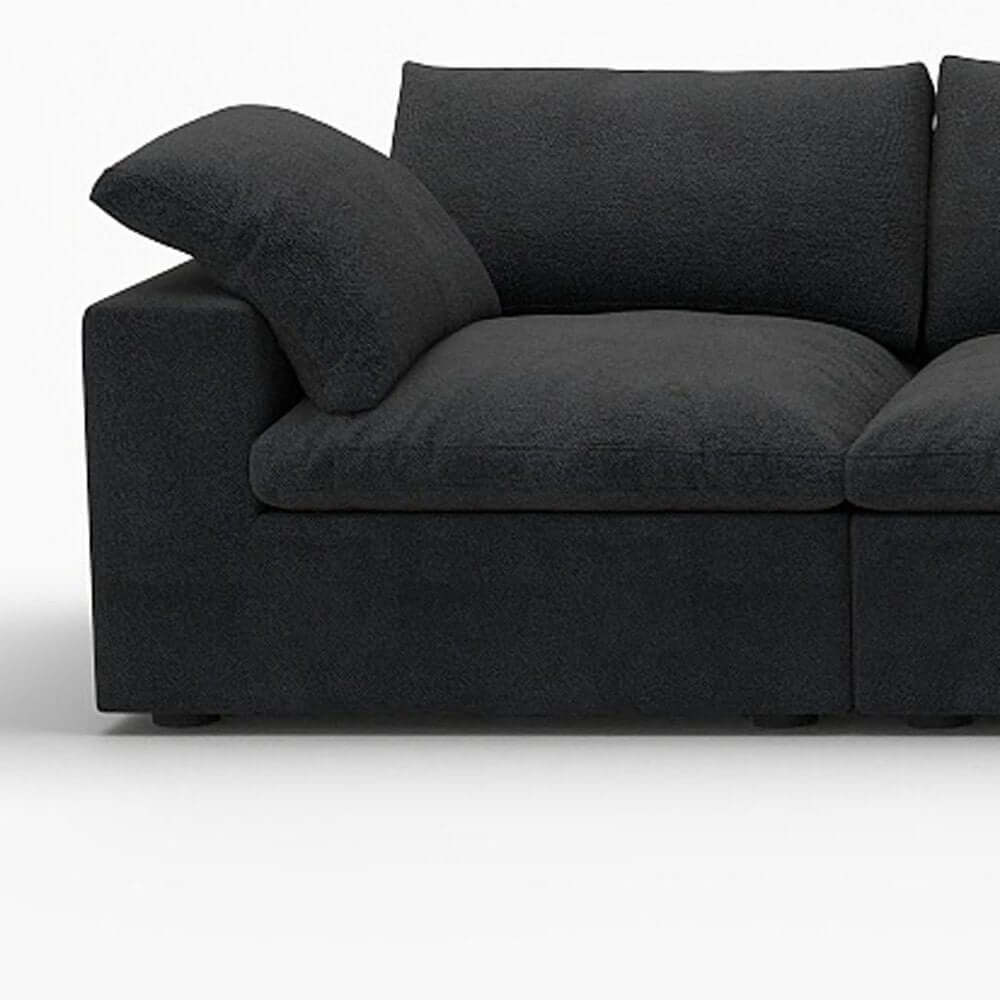 160" Black Linen Blend Modular Right Sofa With Ottoman And Toss Pillows in black linen upholstery.