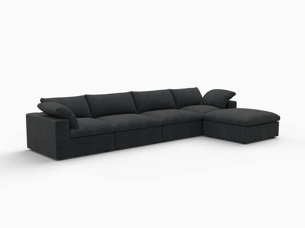 160" Black Linen Blend Modular Right Sofa With Ottoman And Toss Pillows